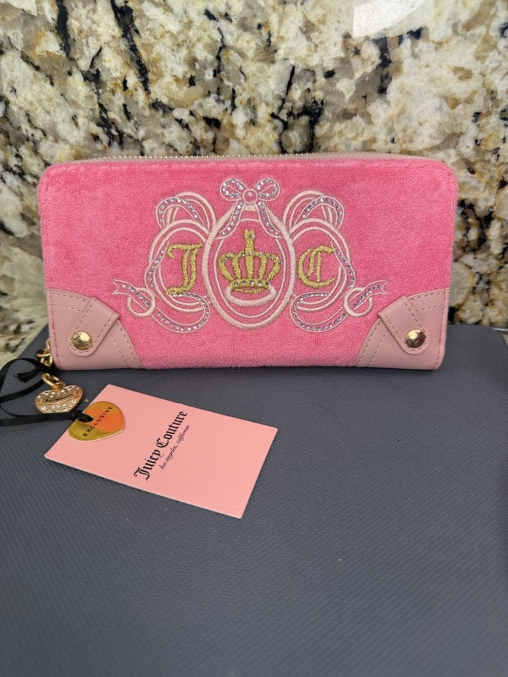 NWT Juicy Couture Pink Rhinestone Embroidered Zip-Around Wallet limited edition